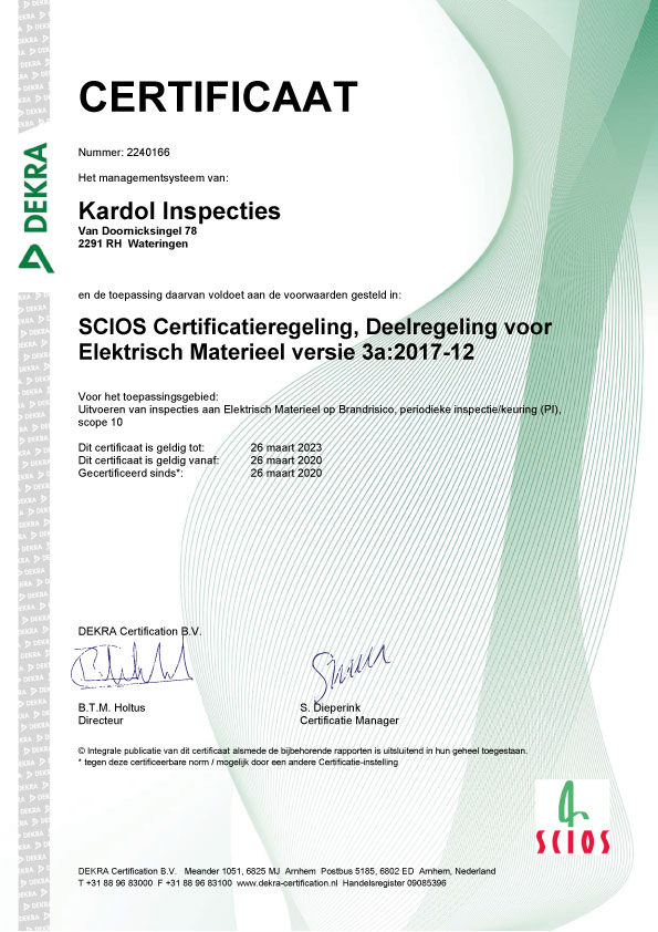 Scios Certificaat - Elektrisch Materieel - Kardol Inspecties